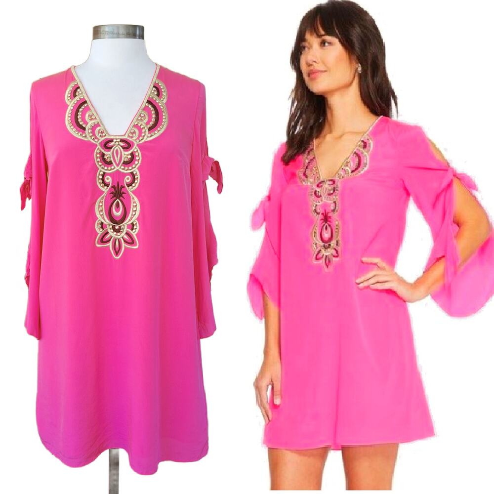 LILLY PULITZER Avila Stretch Silk Embellished Mini Dress Small Hot Pink Berry